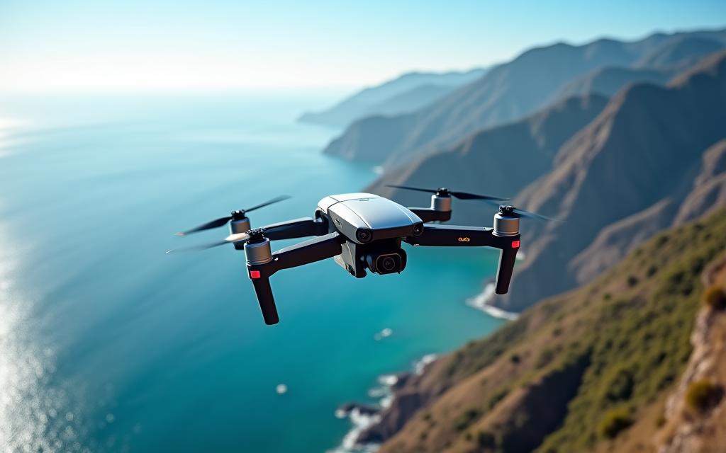 A drone flying over a scenic coastline