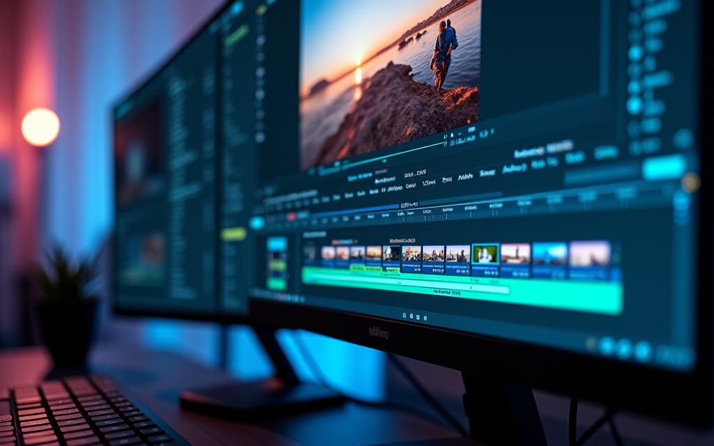 A video editing software timeline on a monitor
